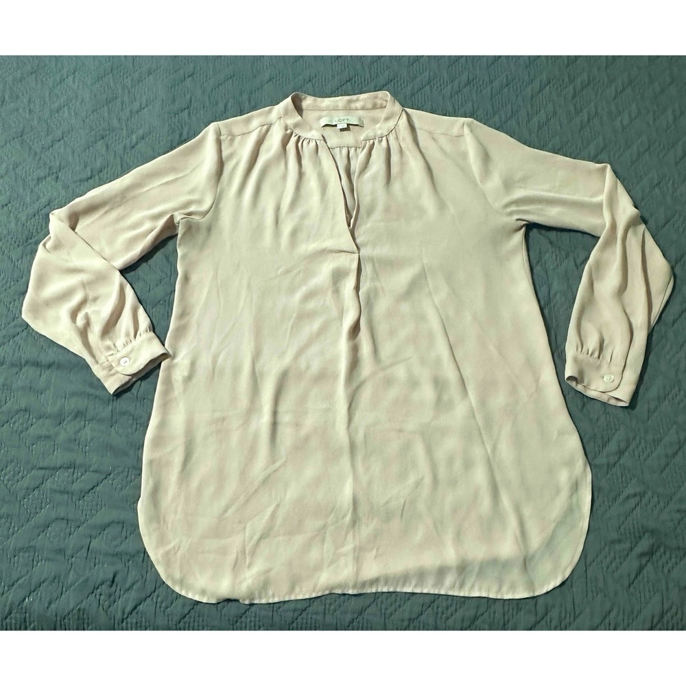 Ann Taylor Loft V-neck Long Tab Sleeve Lined Polyester Blouse Pale Pink ‎ Sz S